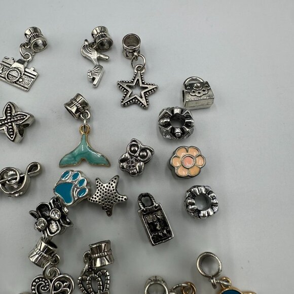 Mixed Sliding Charms Lot Silver Tone Enamel Beads Dangle Hearts Crowns Stars - Picture 6 of 11